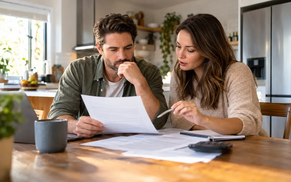 Couple reading a loan agreement at the kitchen table