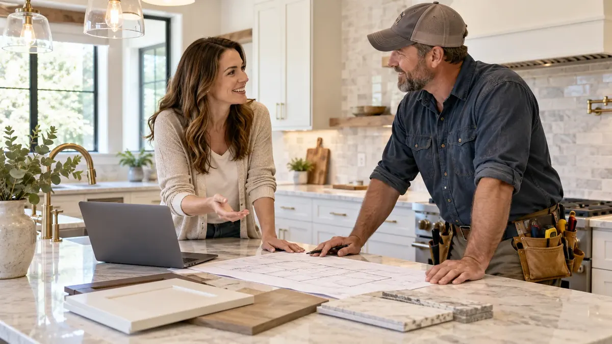 Homeowner and contractor planning a kitchen remodel